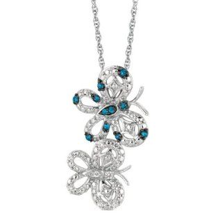BRI Jewelry Sterling Silver 0.20ct Blue And White Diamond Double Butterfly Pendant: Pendant Necklaces: Jewelry