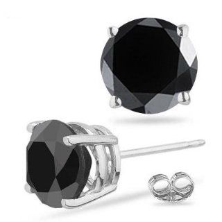 1.50 Cts 6.30 7.51 mm AA Round Black Diamond Mens Stud Earring in 14K White Gold {DIAMOND APPRAISAL INCLUDED} Jewelry