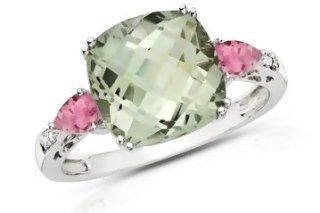 3 5/8 Carat Green Amethyst, Pink Topaz & Diamond 10K White Gold Ring Jewelry