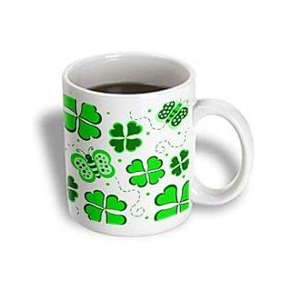 3dRose Green and White Butterfly and Shamrock Design Ceramic Mug, 15 Ounce: Kitchen & Dining