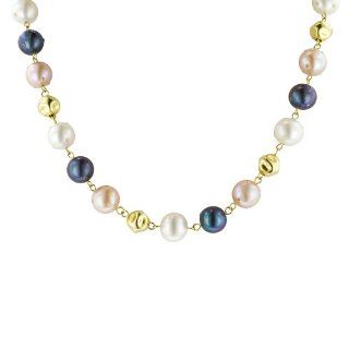 Yellow Gold Plated Sterling Silver White, Pink and Black Freshwater Cultured Pearl with Bead Necklace: Jewelry