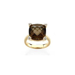 14K Yellow Gold   Genuine Checkerboard Smoky Quartz & Diamond Ring: Jewelry