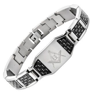 MasonicMan New Mens Titanium Masonic Bracelet with Black / Silver Carbon Fiber Insets +Free Link Adjuster Tool In Black Velvet Gift Box: Jewelry