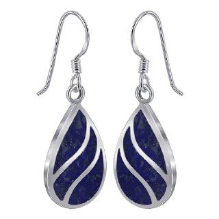 Sterling Silver Blue Lapis Inlay 13mm x 19mm Teardrop with Silver Stripes French Ear Wire Dangle Earrings Jewelry