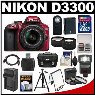 Nikon D3300 Digital SLR Camera & 18 55mm G VR DX II AF S Zoom Lens (Red) with 32GB Card + Battery & Charger + Case + Tripod + Flash + Tele/Wide Lens Kit : Camera & Photo