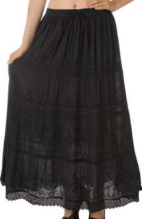 AA754   Solid Embroidered Gypsy / Bohemian Full / Maxi / Long Cotton Skirt   Black/One Size at  Womens Clothing store