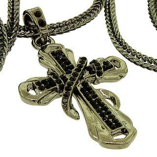 Small Gunmetal Hip Hop Bling Black Iced Out Cross Pendant with 24 inch Chain: Pendant Necklaces: Jewelry