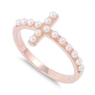 Pearl of Geeat Price Sideway Cross Ring 11MM Rose Gold Plated Sterling Silver 925: Jewelry