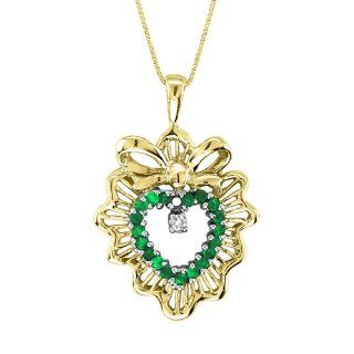 0.89 CTW Emerald & Diamond Heart Pendant 14K Yellow Gold with Chain: RMC Worldwide: Jewelry