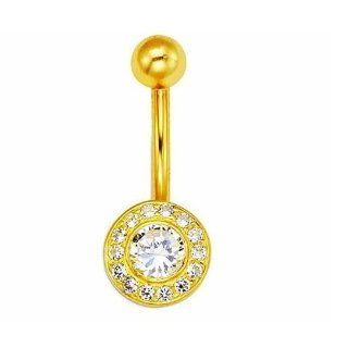 14k Real Gold Yellow Bezel CZ Belly Button Navel Ring: Body Piercing Rings: Jewelry