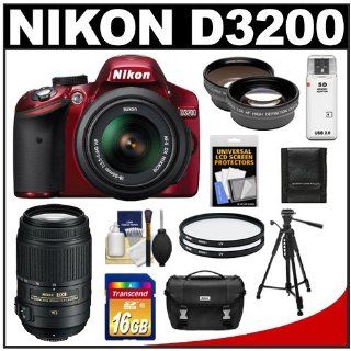 Nikon D3200 Digital SLR Camera & 18 55mm G VR DX AF S Zoom Lens (Red) + 55 300mm VR Lens + 16GB Card + Case + Filters + Tripod + Telephoto & Wide Angle Lens Kit : Digital Slr Camera Bundles : Camera & Photo