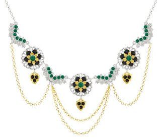 Necklace by Lucia Costin with Lace Like Pattern, 6 Petal Flowers and Leaf Ornaments, Embellished with Green, Black Swarovski Crystals, Suspended Chains and Lovely Charms; .925 Sterling Silver with 24K Yellow Gold Plated over .925 Sterling Silver: Choker Ne
