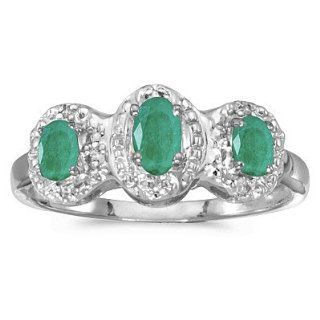 10k White Gold Oval Emerald And Diamond Three Stone Ring: Jewelry