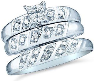 10k White Gold Mens and Ladies Couple His & Hers Trio 3 Three Ring Bridal Matching Engagement Wedding Ring Band Set   Round Diamonds   Princess Shape Center Setting (.08 cttw) Jewelry