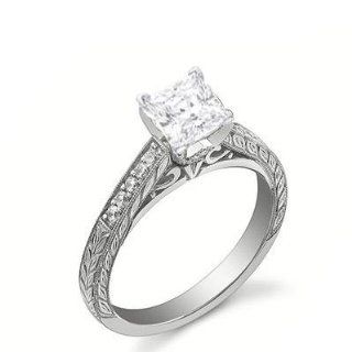 0.60 Carat Princess Antique Engraved Diamond Engagement Ring Bridal Set Wedding Ring on 14K White Gold: FineTresor Jewelry