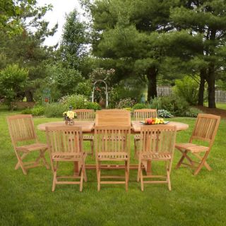 Caluco Teak Oval Extension Patio Dining Set with Folding Chairs   Seats 8   Patio Dining Sets