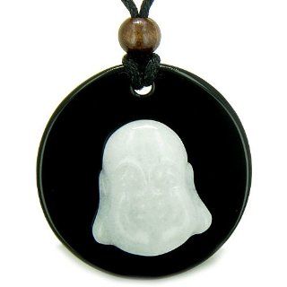 Amulet Happy Laughing Buddha Medallion in Black Onyx and White New Jade Gemstones Magic Powers Pendant on Adjustable Necklace: Best Amulets: Jewelry