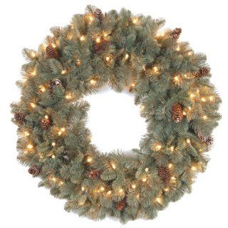 National Tree 24 Inch "Feel Real" Oakridge Blue Wreath with 50 Clear Lights   Artificial Christmas Wreaths
