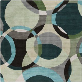 6' x 6' Modern Senzei Spheres Gray, Teal and Black Wool Square Area Throw Rug   Hand Tufted Rugs