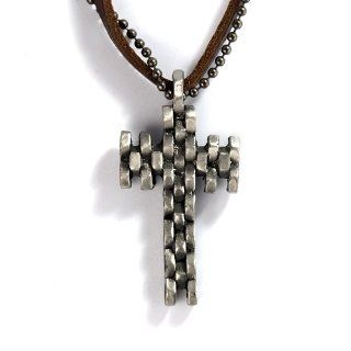 Unique Simple Gothic Style Punk Pewter Mechanical Steampunk Armoured Chain Cross Emblem Design Pendants Chokers Necklaces for Men with Brown Synthetic Leather & Silver grey Alloy Ball Bead Chain: Jewelry
