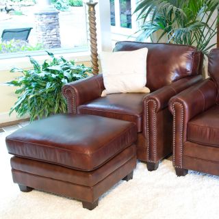 Winslow 2 Piece Set Top Grain Leather Accent Chair and Ottoman in Raisin   Leather Club Chairs