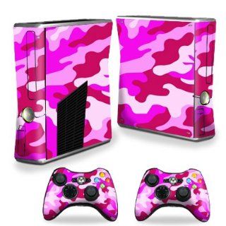 Protective Vinyl Skin Decal Cover for Microsoft Xbox 360 S Slim + 2 Controller Skins Sticker Skins Pink Camo: Video Games