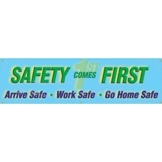 Accuform Signs MBR833 Reinforced Vinyl Motivational Safety Banner "SAFETY COMES FIRST Arrive Safe Work Safe Go Home Safe" with Metal Grommets, 28" Width x 8' Length, Green/Violet on Blue: Industrial Warning Signs: Industrial & Scient