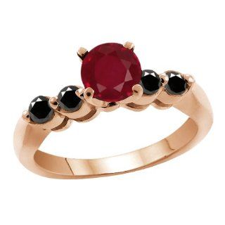 1.31 Ct Round Red Ruby Black Diamond 14K Rose Gold Engagement Ring: Jewelry