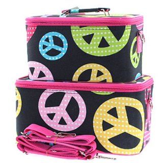 Multicolor Peace Sign Print with Hot Pink Trim Makeup Train Cases with Mirror, 2 Piece Cosmetic Set : Toiletry Bag For Women : Beauty
