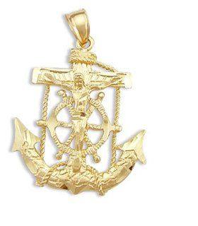 Anchor Cross Crucifix Pendant 14k Yellow Gold Charm Large 1.75 inch: Jewel Tie: Jewelry