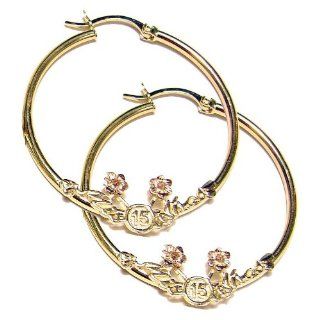 14k Yellow and Rose Gold, Mis 15 Anos Quinceanera Design on Hollow Round Tube Hoop Earring 35mm Inner Diameter: Jewelry