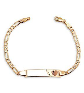 New 14k Yellow Rose Gold Figaro Heart Child ID Bracelet: Link Bracelets: Jewelry