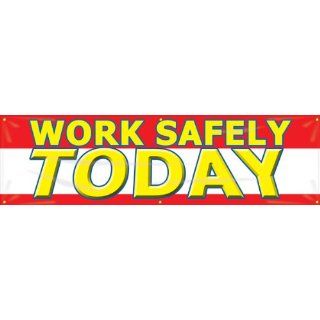 Accuform Signs MBR825 Reinforced Vinyl Motivational Safety Banner "WORK SAFELY TODAY" with Metal Grommets, 28" Width x 8' Length, Yellow/Red on White: Industrial Warning Signs: Industrial & Scientific