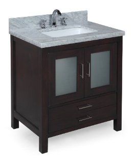 Manhattan 30 inch Bathroom Vanity (Carrera/Dark Brown): Includes a Dark Brown Cabinet, Soft Close Drawers, Self Closing Doors, a Natural Italian Carrera Marble Countertop, and a Ceramic Sink    