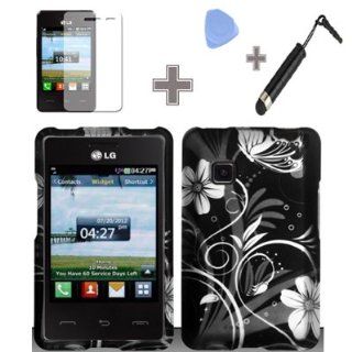 Rubberized Black White Silver Vine Flowers Snap on Design Case Hard Case Skin Cover Faceplate with Screen Protector, Case Opener and Stylus Pen for LG 840g   StraightTalk/ Net 10/ Tracfone Cell Phones & Accessories