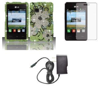 LG 840G   Premium Accessory Kit   Hibiscus Silver Flower on Green Diamond Bling Case + ATOM LED Keychain Light + Screen Protector + Micro USB Wall Charger Cell Phones & Accessories
