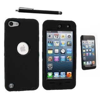 Black Hybrid Cover + Stylus Pen Triple Layer Deluxe Hybrid case skin for iPod Touch 5th Generation 5: Cell Phones & Accessories