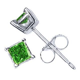 .50 Carat Brilliant Princess Cut Green Diamond Stud Earrings SI2: TheJewelryMaster: Jewelry