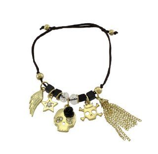Dainty Slider Cord Bracelet with Gold Tone Skull Charms: Jewelry
