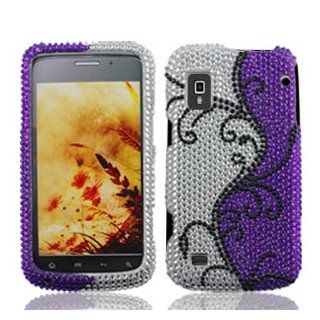 ZTE Warp N860 N 860 Cell Phone Full Crystals Diamonds Bling Protective Case Cover Silver and Purple with Black Flower Vines Design: Cell Phones & Accessories