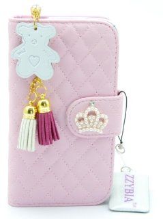 ZZYBIA S4 QCB Pink Leatherette Case Card Holder Wallet With White Bear Fringed Dust Plug Charm for Samsung Galaxy S4 IV I9500 I9505: Cell Phones & Accessories