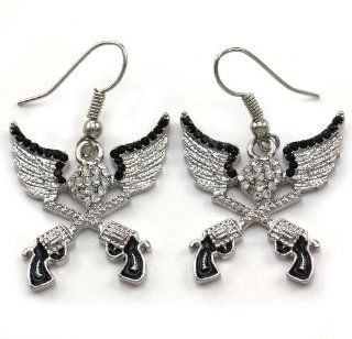 Western Cowgirl Dual Revolver Pistol Gun Dangle Earrings Angel Wings Body Fashion Jewelry: Jewelry