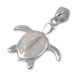 Sterling Silver White Opal Flatback Sea Turtle Pendant: Pendant Necklaces: Jewelry