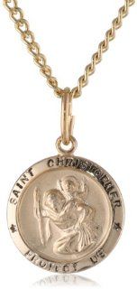 14k Gold Filled Small Round Saint Christopher Pendant Necklace with Stainless Steel Chain, 18": St Christopher Necklaces: Jewelry