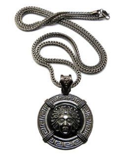 New Iced Out Hematite Medusa Face Circle w/4mm 36" Franco Chain Necklace XP876HE: Pendant Necklaces: Jewelry