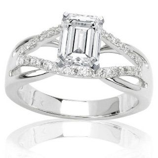 1.28 Carat Emerald Cut / Shape 14K White Gold Infinity Twisting Split Shank Pave Set Round Diamonds Engagement Ring ( J Color , SI2 Clarity ): Jewelry