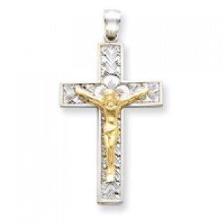 Crucifix Pendant in White & Yellow Gold   14kt   Charming   Unisex Adult GEMaffair Jewelry
