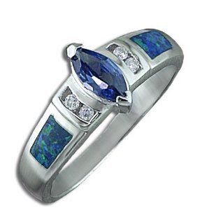 .925 Sterling Silver Blue Marquise CZ Diamond Opal Ring: Jewelry