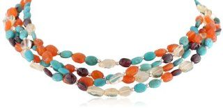 Sterling Silver 4 Strand Carnelian, Garnet, Citrine and Turquoise Beaded Necklace, 16": Jewelry