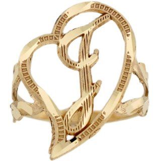 10k Real Gold Cursive Letter J Diamond Cut 2.3cm Unique Heart Initial Ring: Jewelry